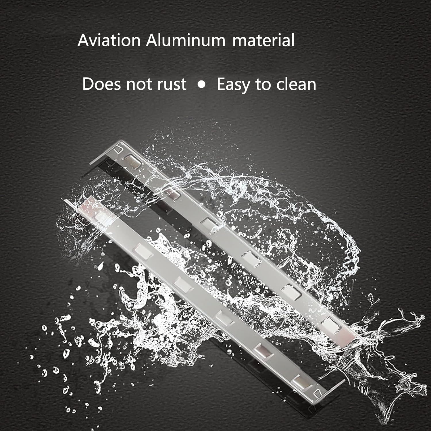 Metallic object with water splashes on a dark background, highlighting 'Aviation Aluminum material' and 'Does not rust, Easy to clean' text.