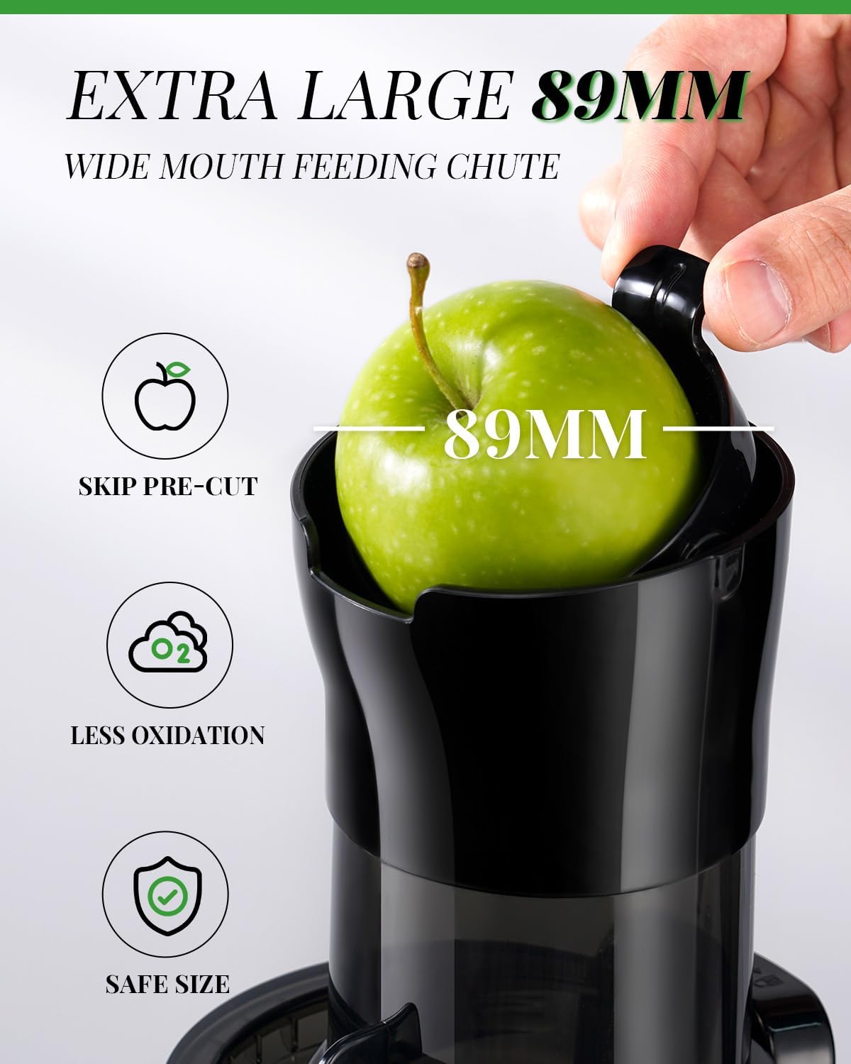 Black feeding chute with a green apple, labeled '89MM', on a white background.