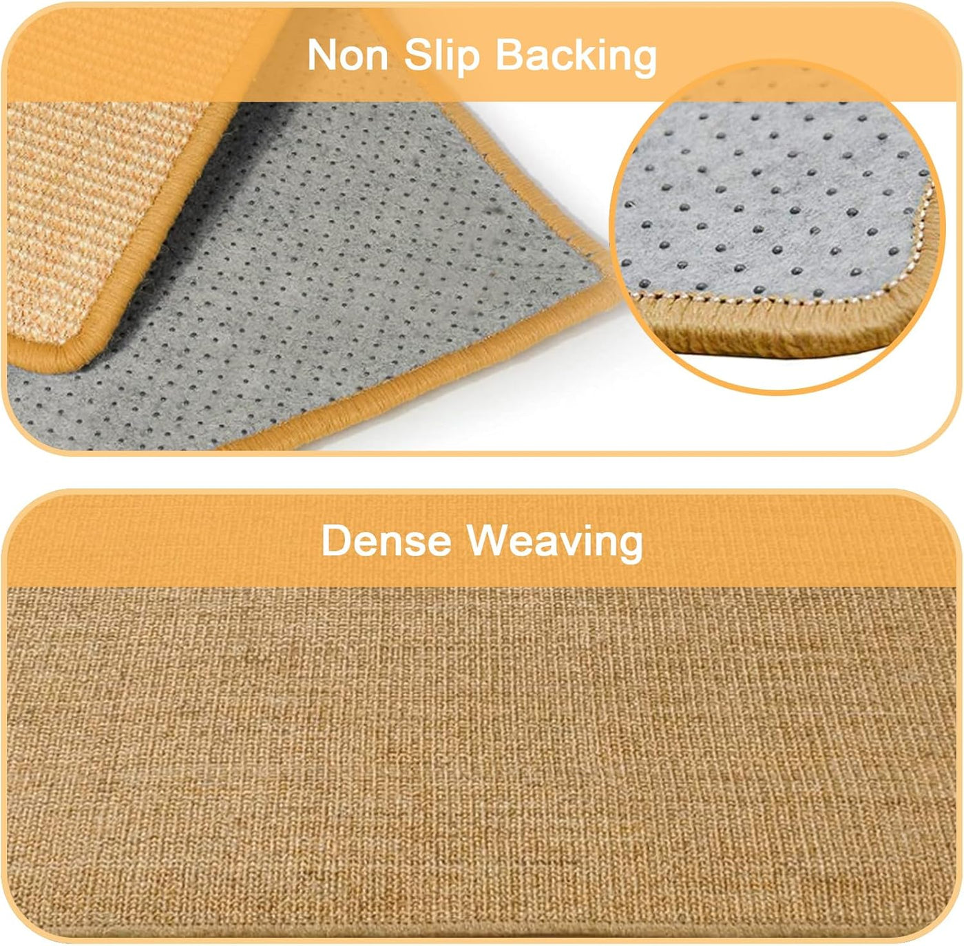 Close-up of a beige mat with non-slip backing and dense weaving, showing detailed texture.