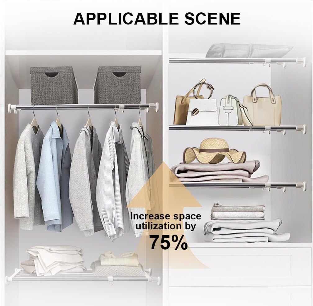 Closet organization system with clothes, bags, and hats, showing increased space utilization.