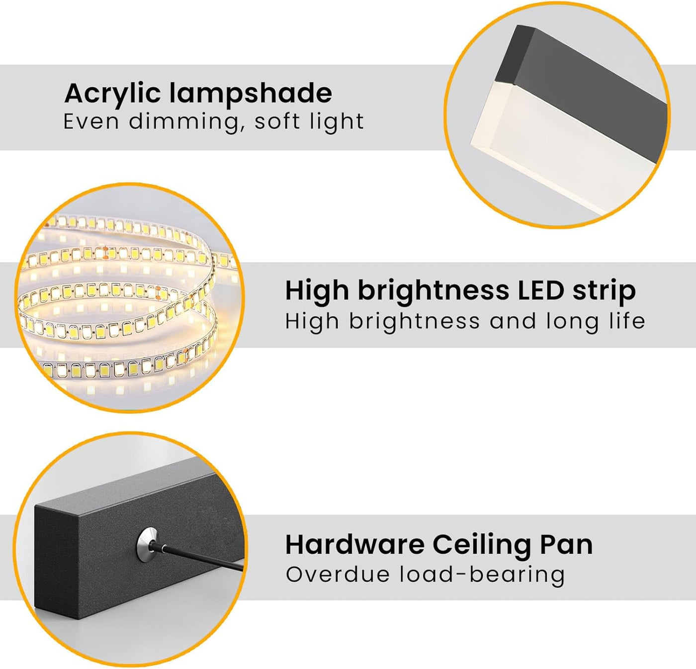 Ceiling light fixture with acrylic lampshade, LED strip, and hardware details on a gray background.