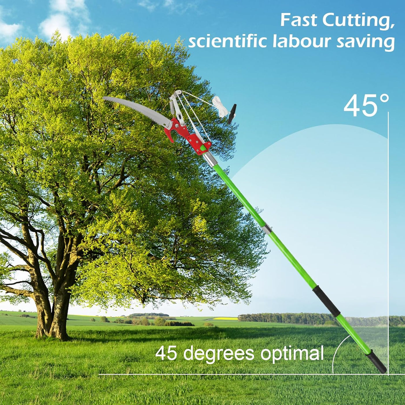Gardening tool with tree in the background, labeled 'Fast Cutting, scientific labour saving'.