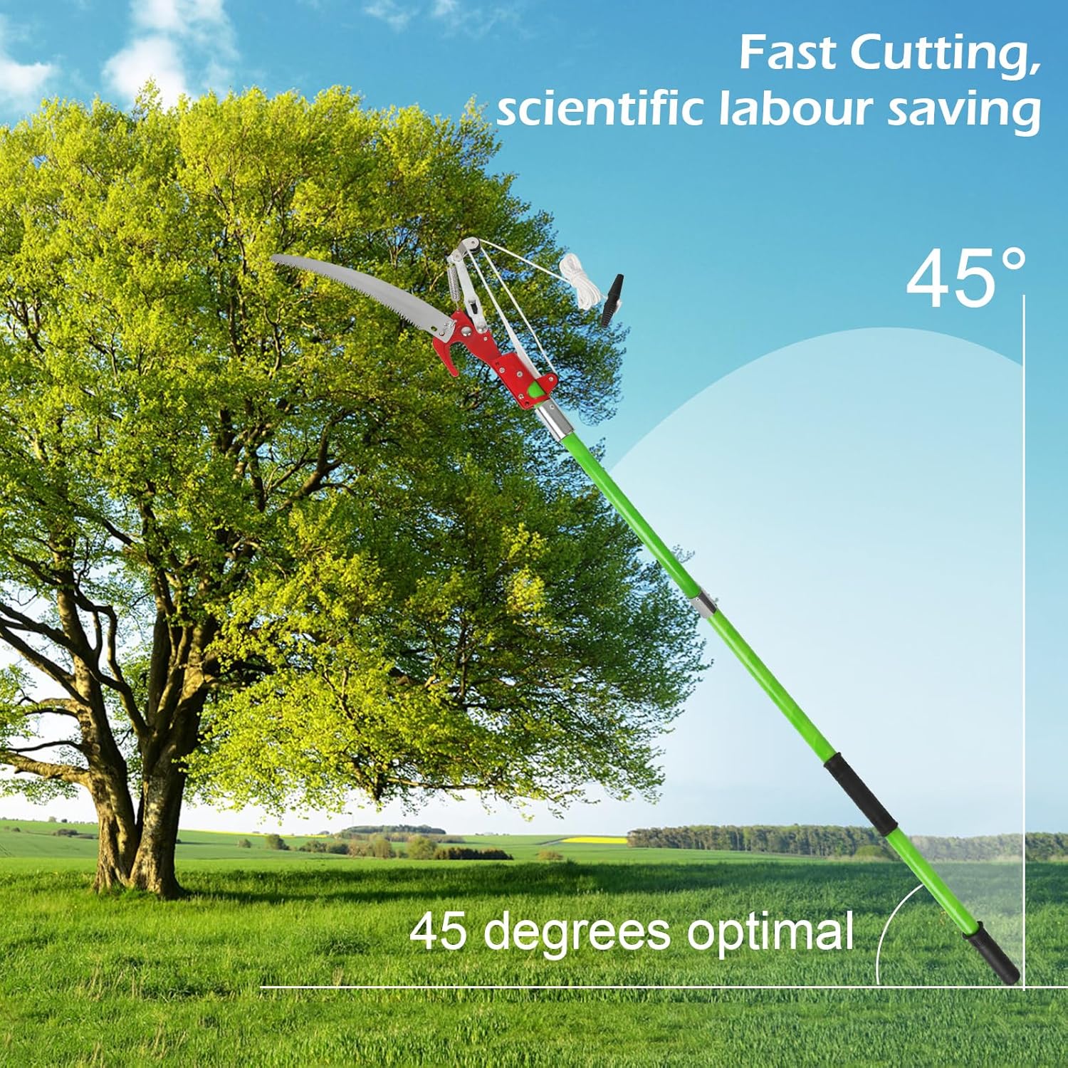 Gardening tool with tree in the background, labeled 'Fast Cutting, scientific labour saving'.