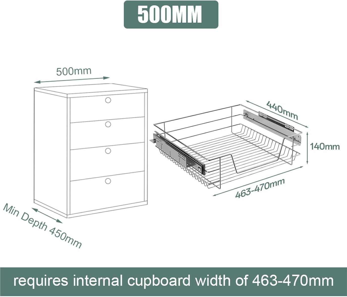 500mm Pull-Out Wire Basket Drawer for Kitchen Base Cabinet with Soft-Close