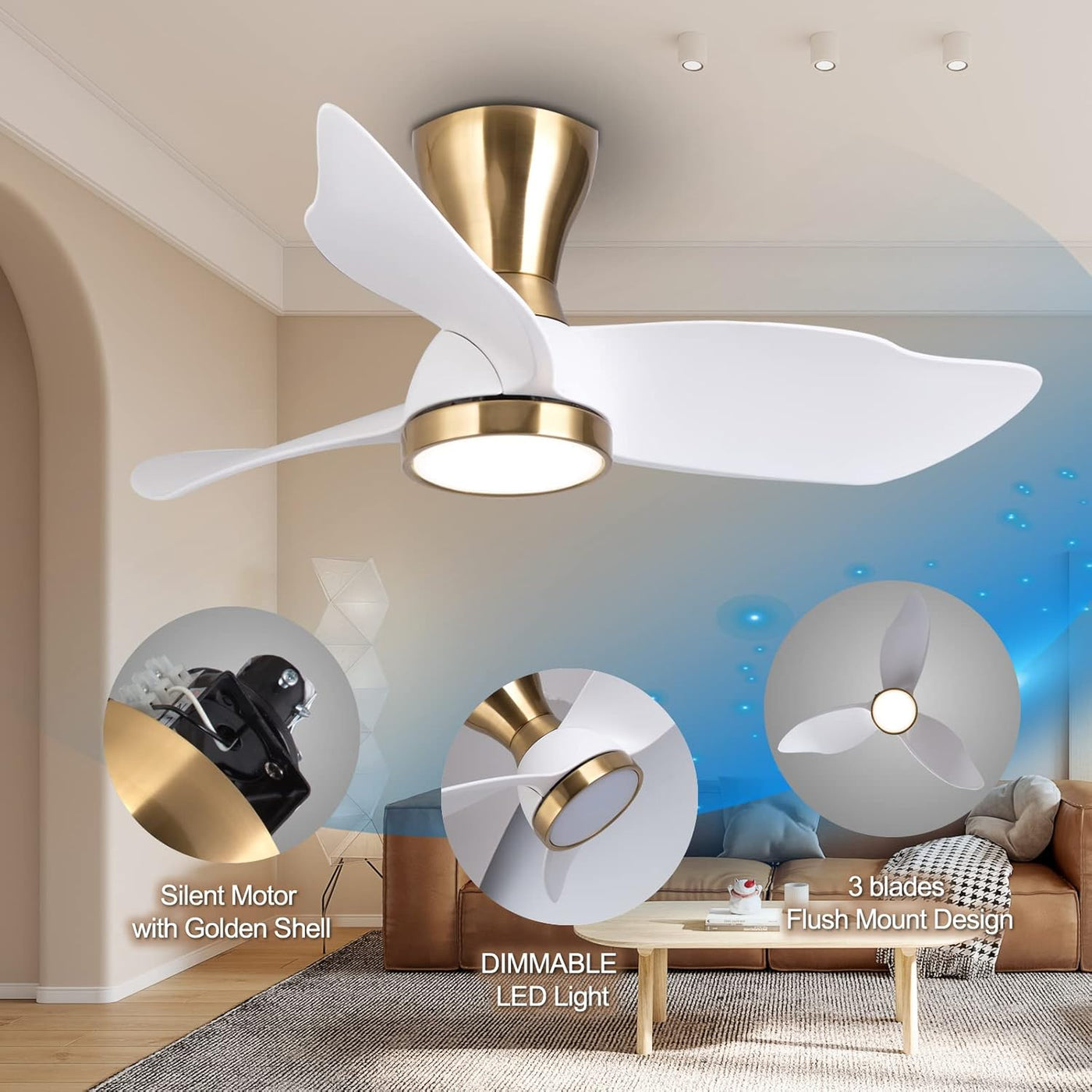 Reiga 91cm Flush Mount DC Ceiling Fan with Dimmable Light & Remote, Modern Style