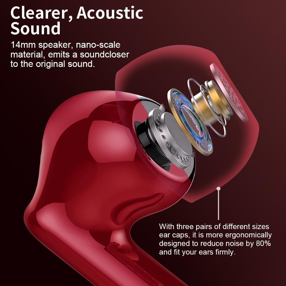 Red earbud with technical details on a dark background