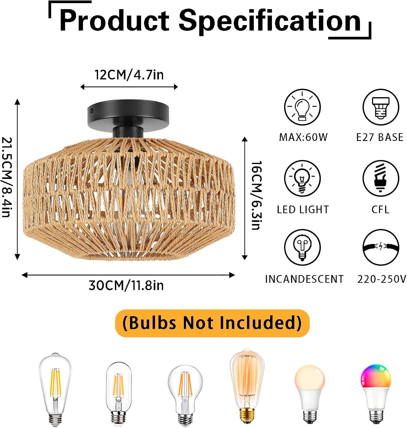 Schindora Boho Rattan Ceiling Light – E27 Rustic Braided Lamp Shade