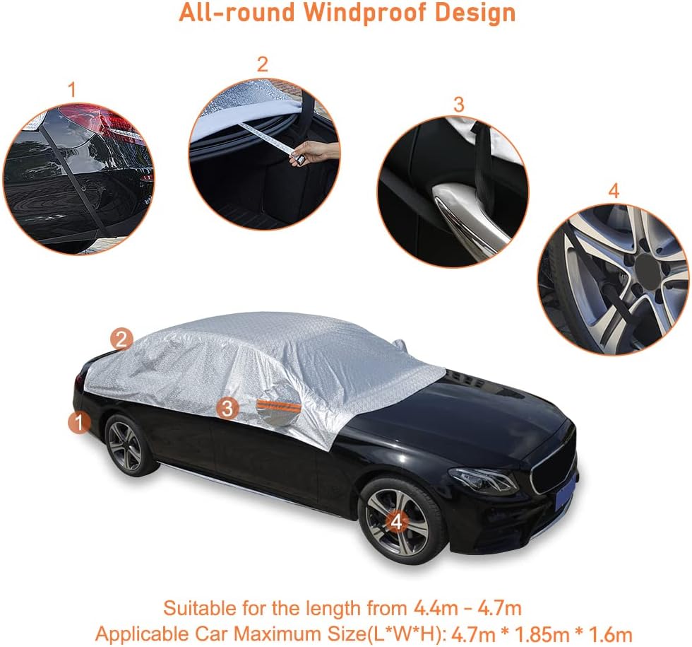 Waterproof Half Car Cover, UV & Windproof, Universal Fit for Sedan, 185''