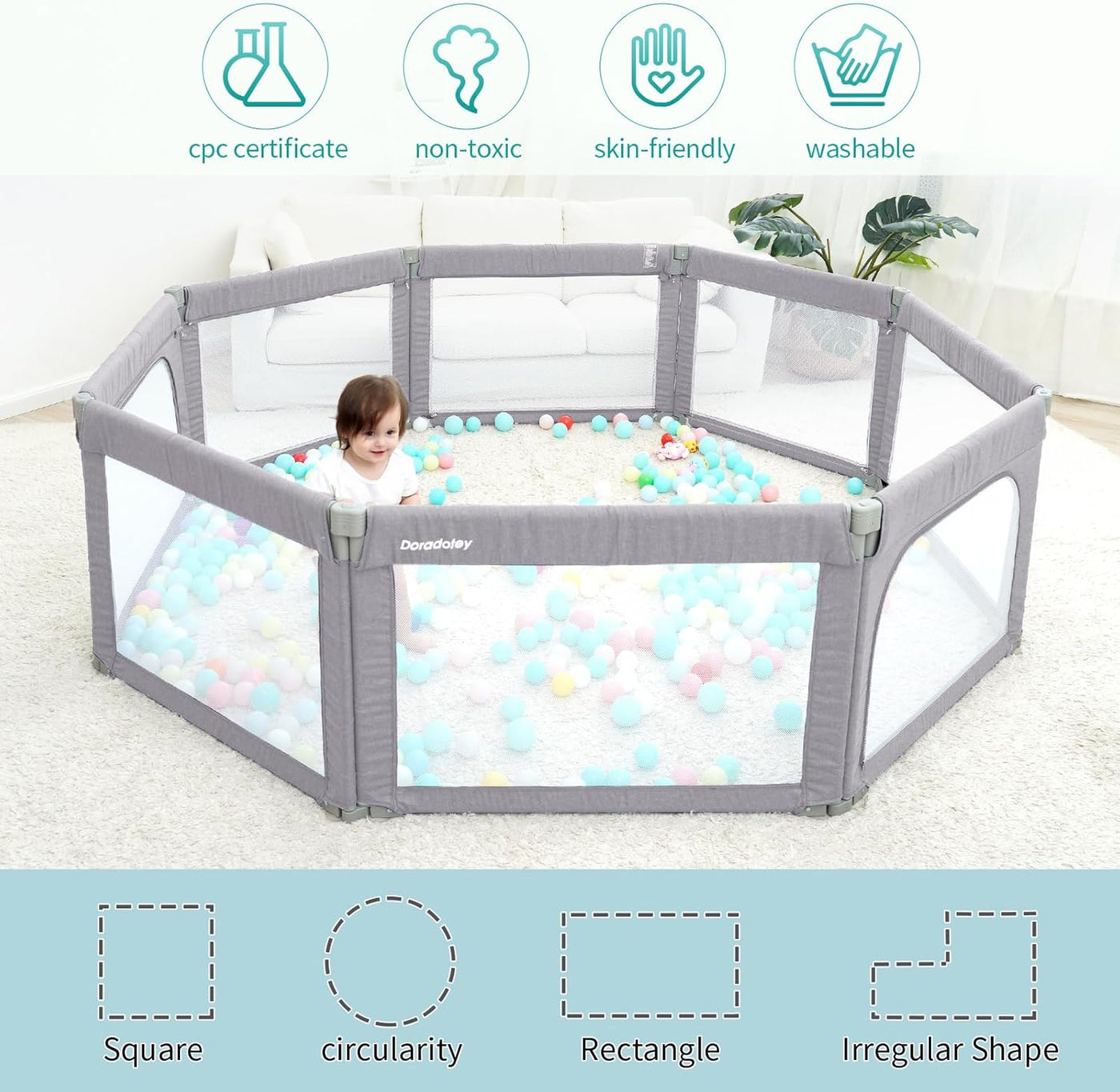 Baby Playpen 180x200cm, Foldable Safety Gate, Adjustable Indoor Play Yard