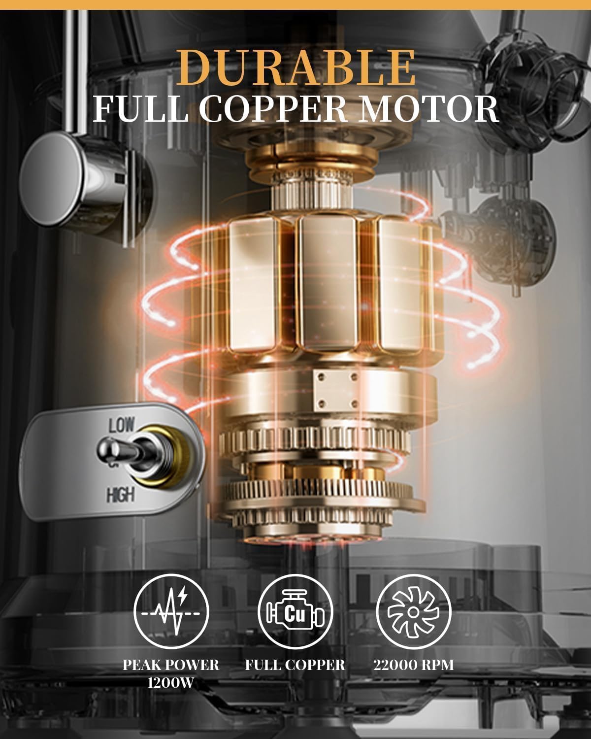 Full copper motor with durable design and power specifications on a dark background