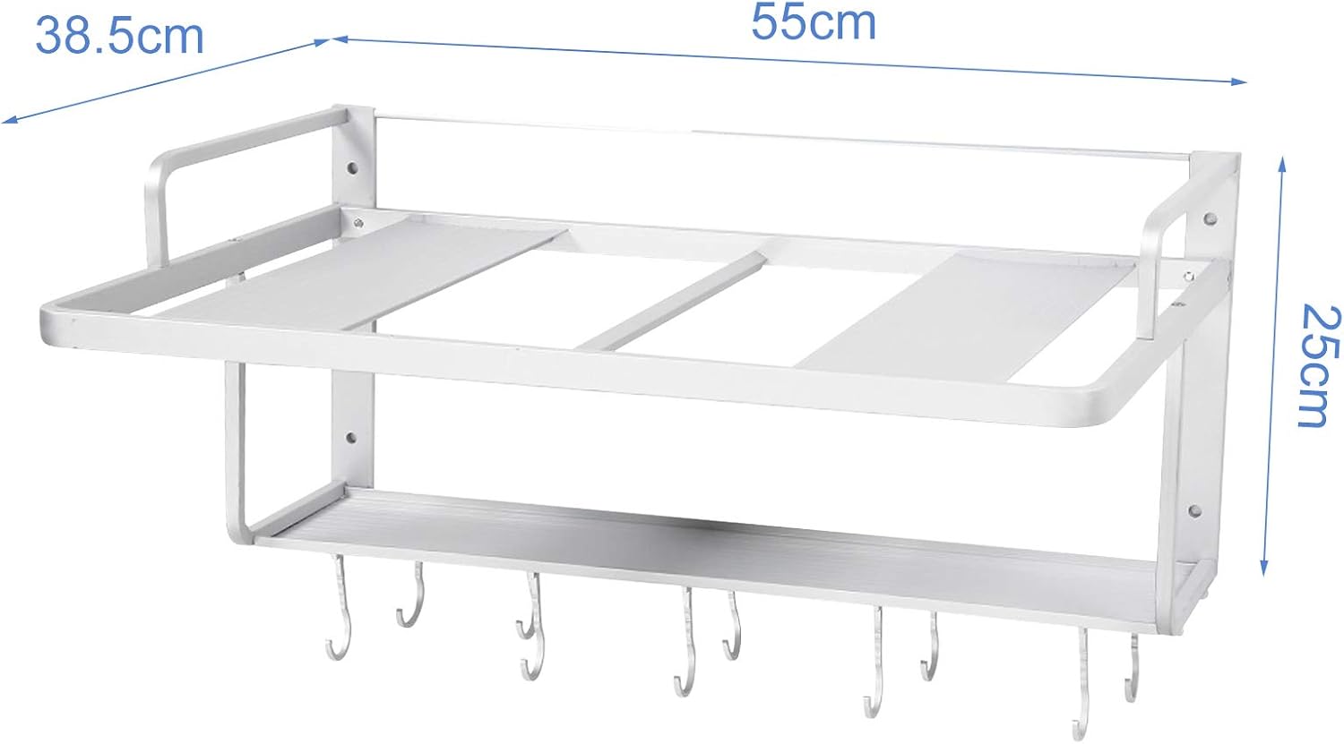 Wall Mounted Microwave Rack – 2-Tier Aluminum Shelf with Guard Rail 21.6in