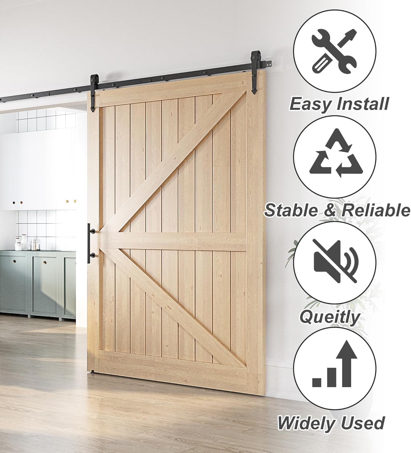 Wooden sliding barn door with installation hardware and features on a white wall.