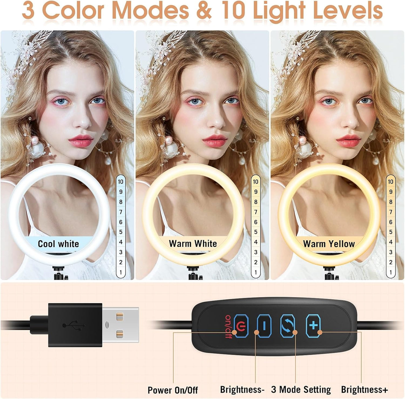 LIPETY 13'' Selfie Ring Light with Tripod, Phone Holder, 3-Color Dimmable LED