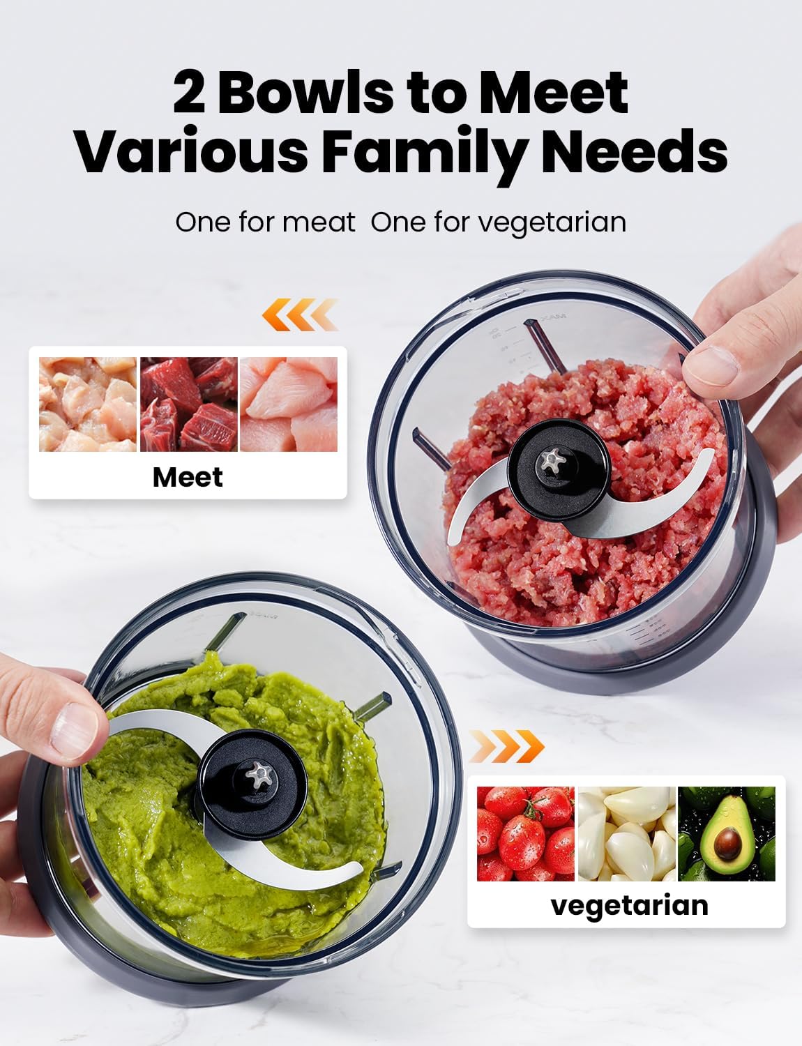 Mini Chopper Food Processor 300W 2x1L Bowls 2 Speed Meat Vegetable TWOMEOW