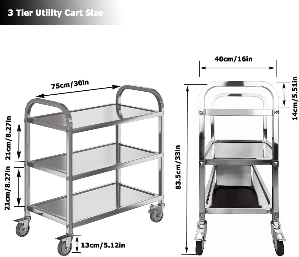 3 Tier Catering Trolley Stainless Steel with Locking Wheels 75x40x83cm Nisorpa