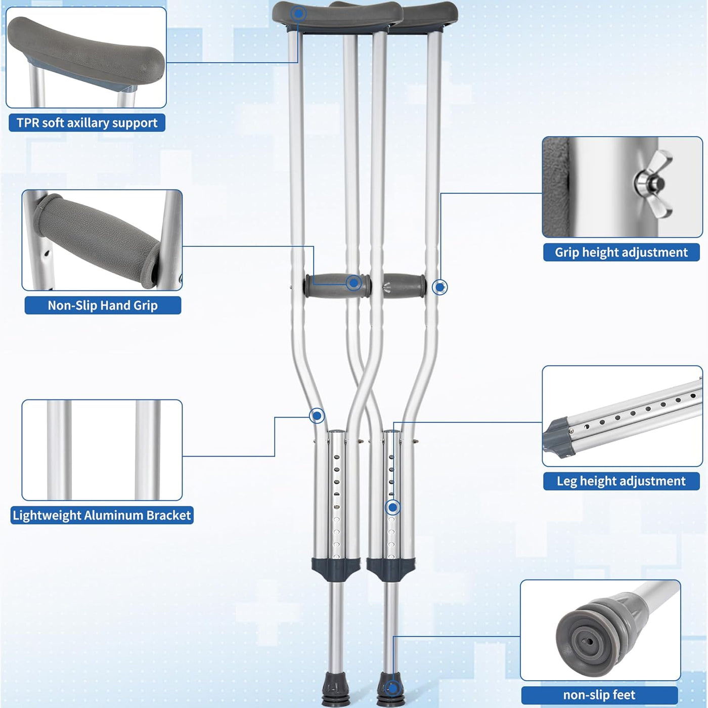 Adjustable Underarm Crutches, Aluminum, Non-Slip, 330lbs Capacity (Medium)