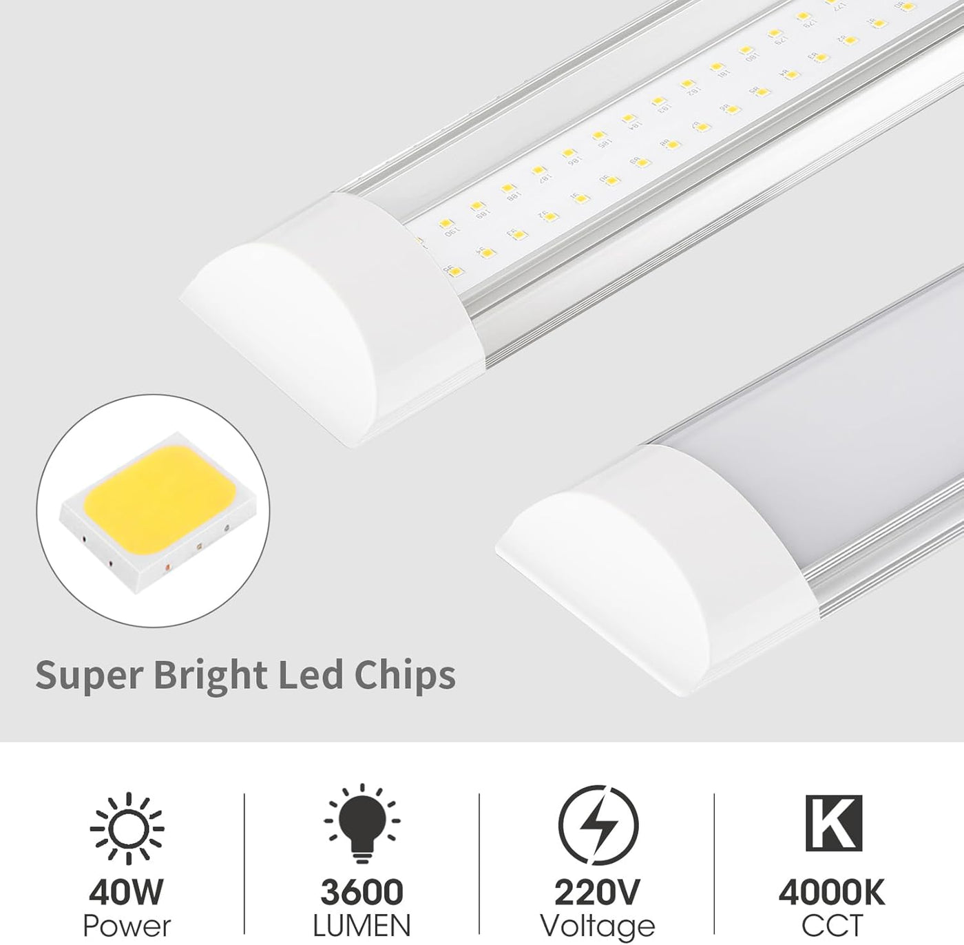 LED light strip with super bright LED chips and technical specifications on a white background