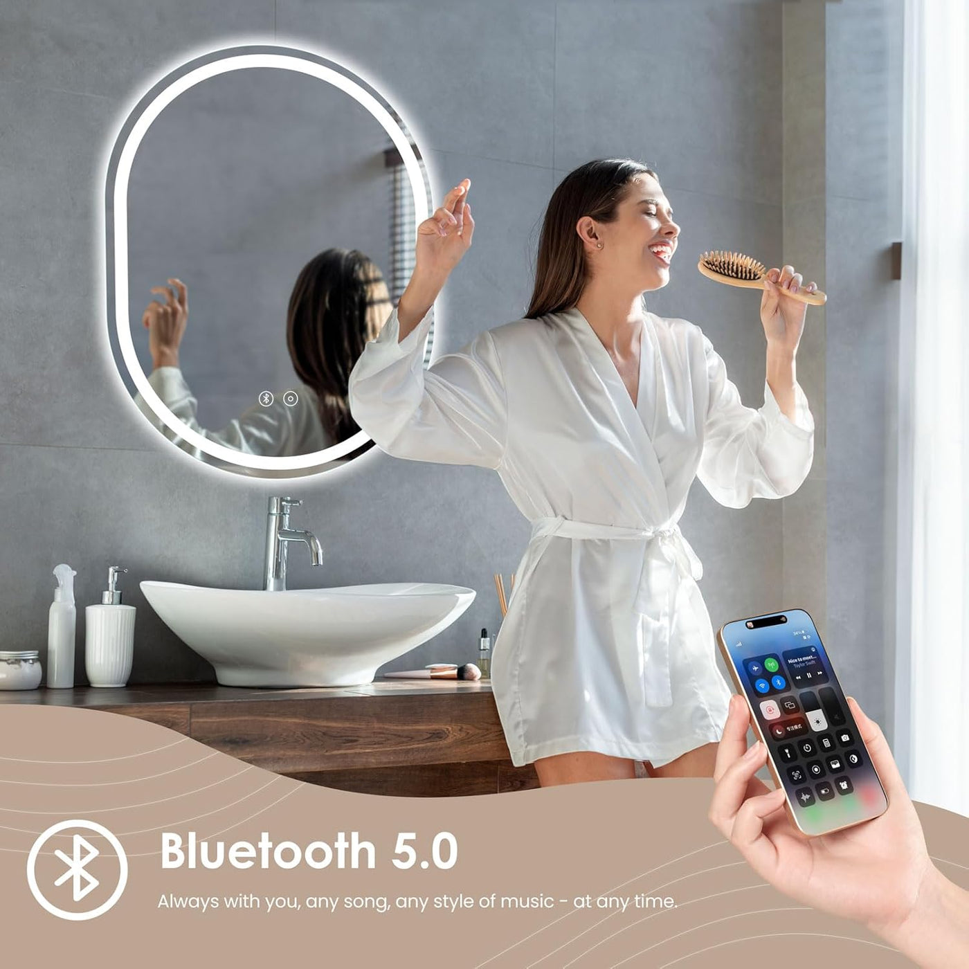Bluetooth LED Bathroom Mirror Oval Backlit Dimmable Anti-fog 50 x 70 cm Dripex