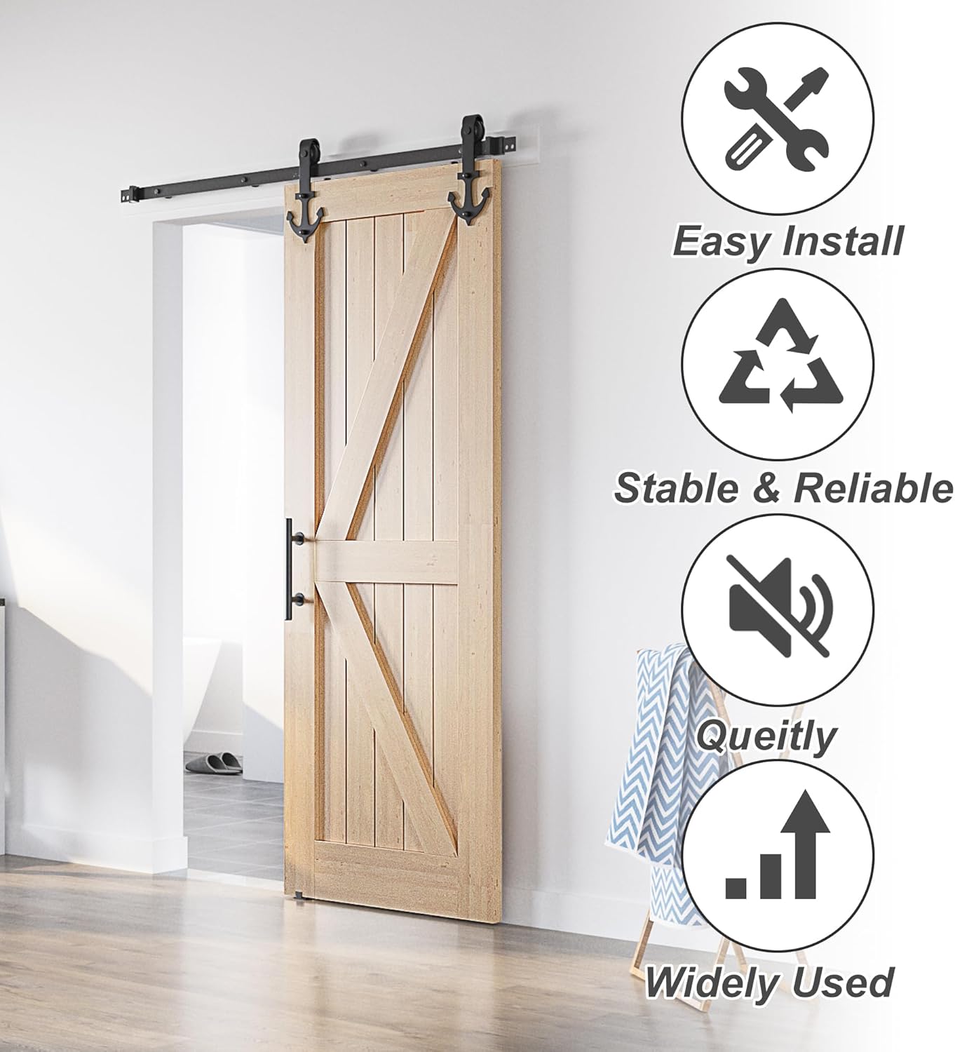 Barn door with sliding track system on a white wall, featuring icons and text about installation ease, stability, noise reduction, and widespread use.