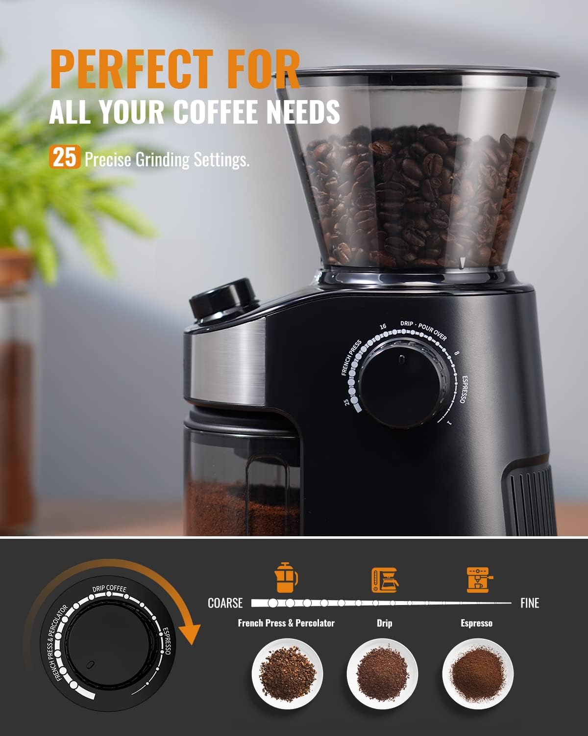Coffee grinder with coffee beans and adjustable settings on a blurred background