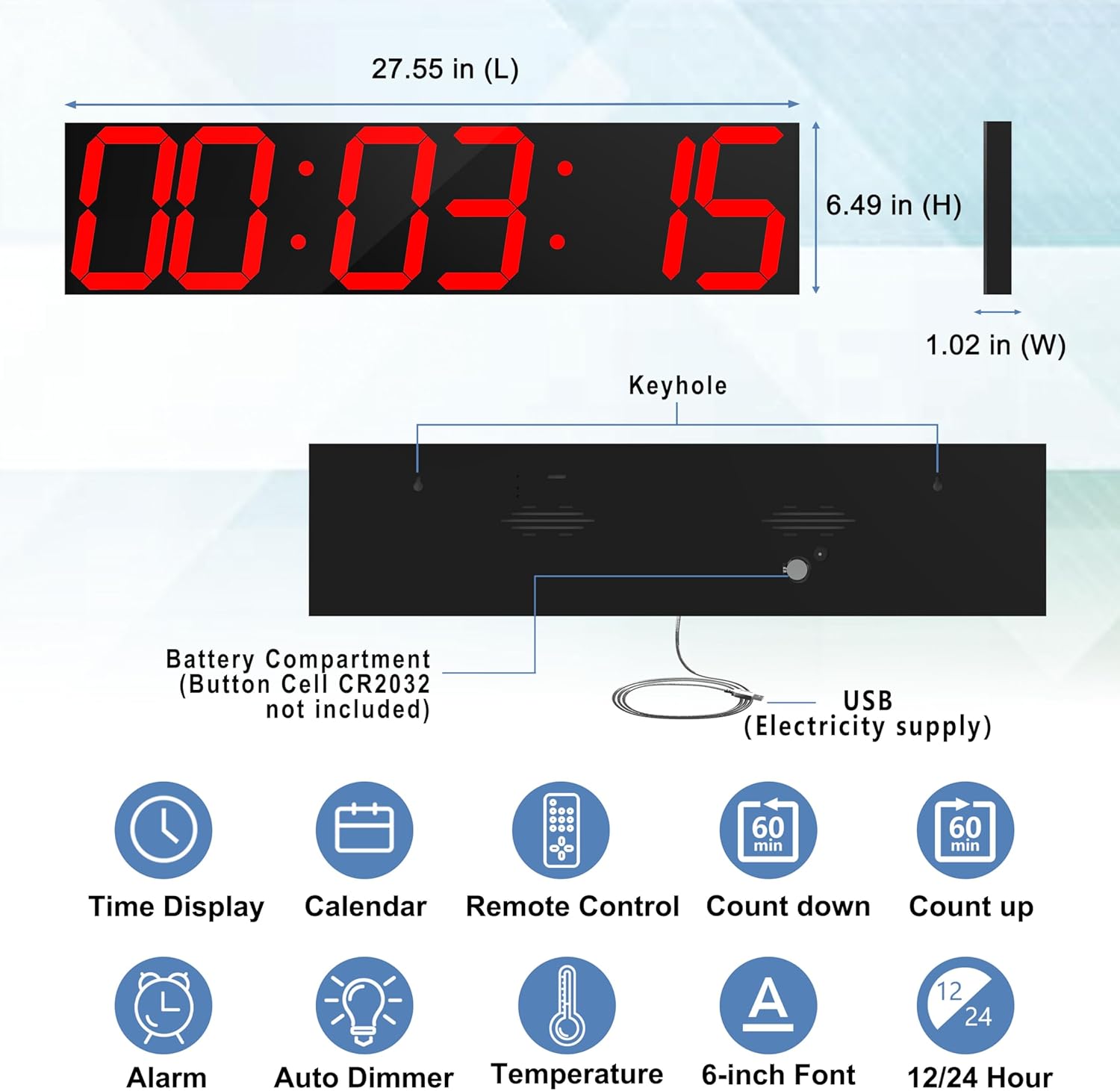 Measurement chart of a digital clock with dimensions and features labeled.