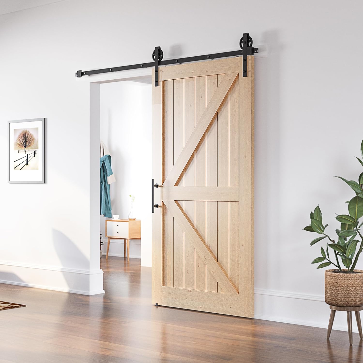 Wooden sliding barn door in a home interior setting with a plant and furniture.