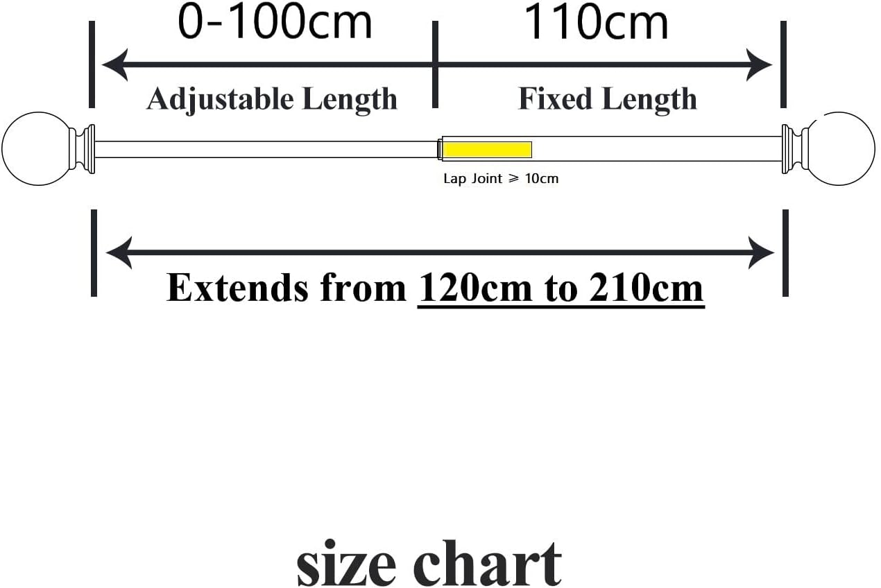 16/19mm Dia 120-210cm Extendable Curtain Pole Set, White, Ball Finials 48-84inch