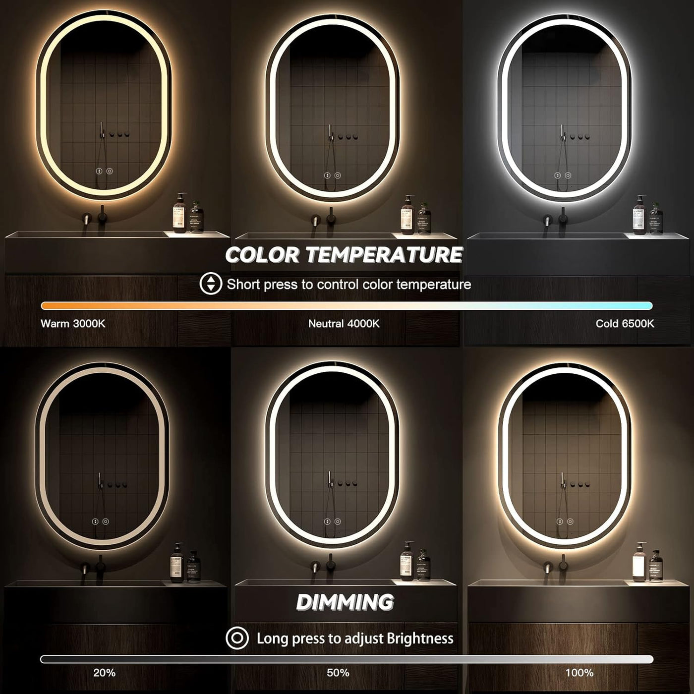 Oval LED Bathroom Mirror 50 x 70cm Backlit Dimmable Anti Fog Wall Mounted Dripex