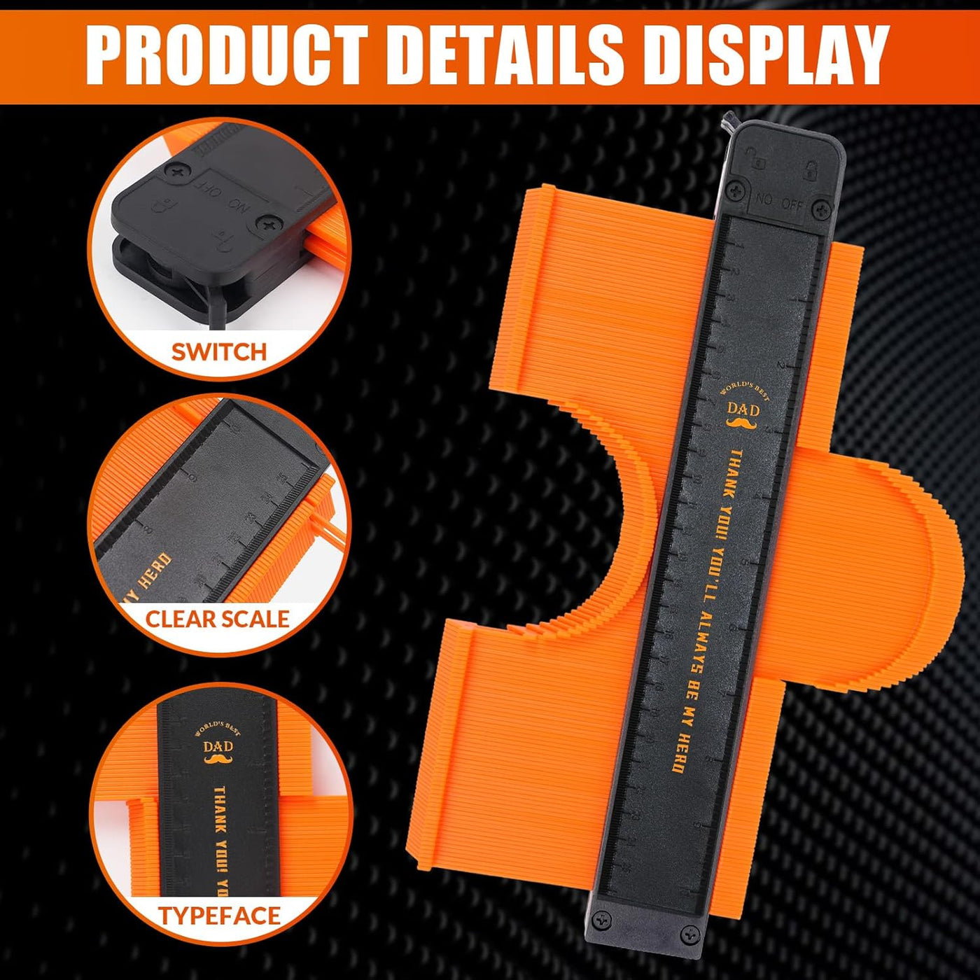 Orange and black measuring tool with switch, clear scale, and text on a black textured background.