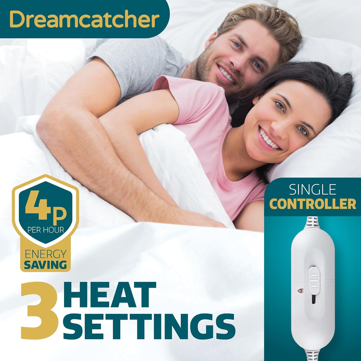Dreamcatcher electric blanket with a couple lying under it, featuring energy saving and heat setting information.