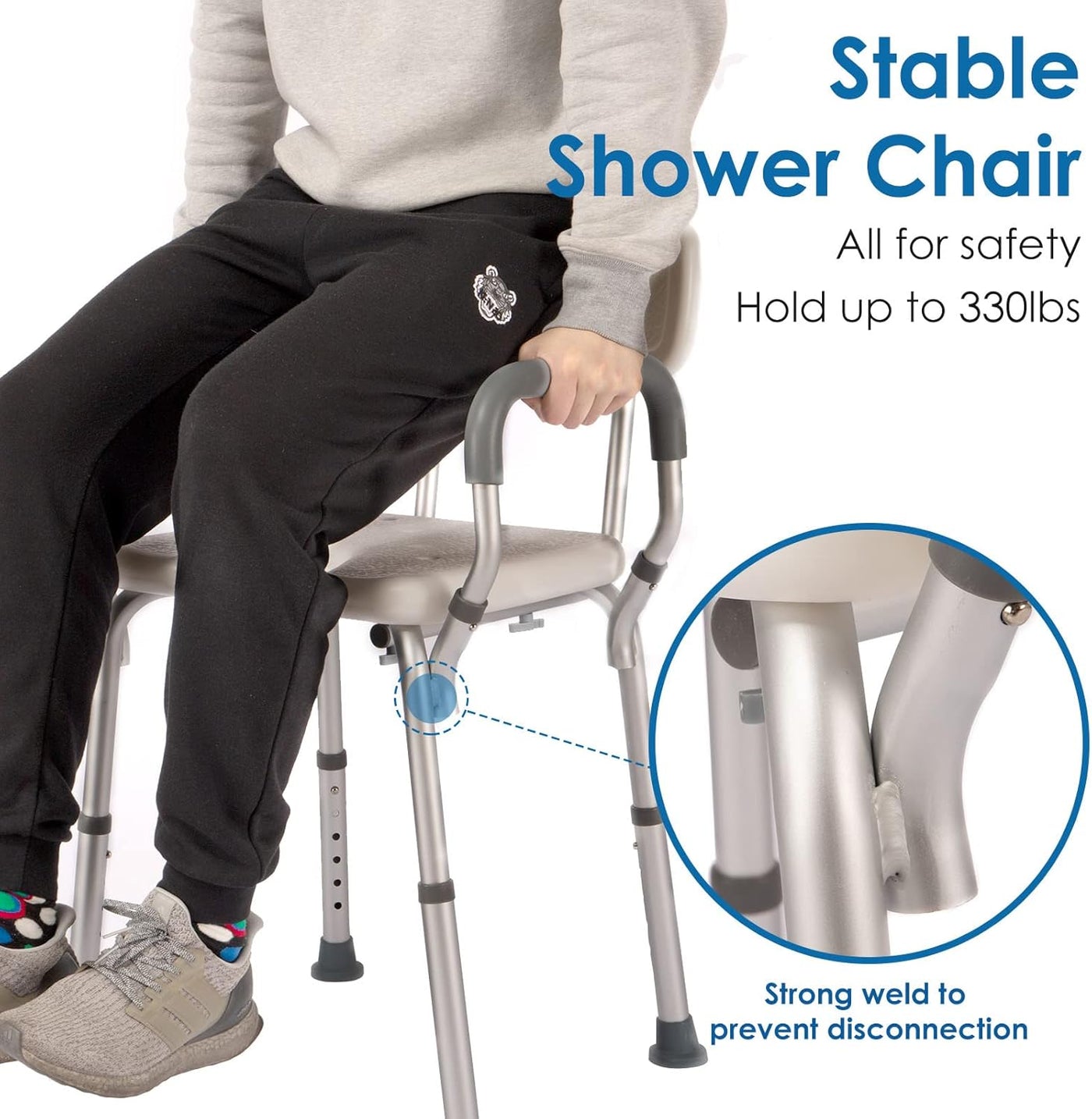 Heavy Duty Shower Chair 330lbs - With Arms, Back, Cutout Seat, Cold-Proof Pads