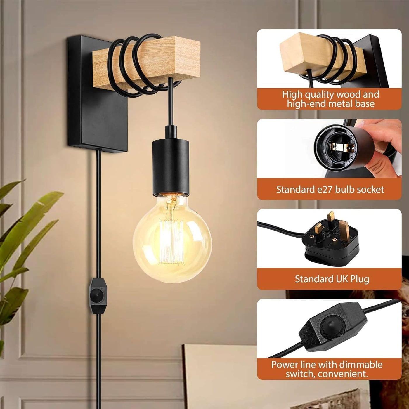 Wall-mounted light fixture with wooden and metal design, featuring a bulb and power cord.