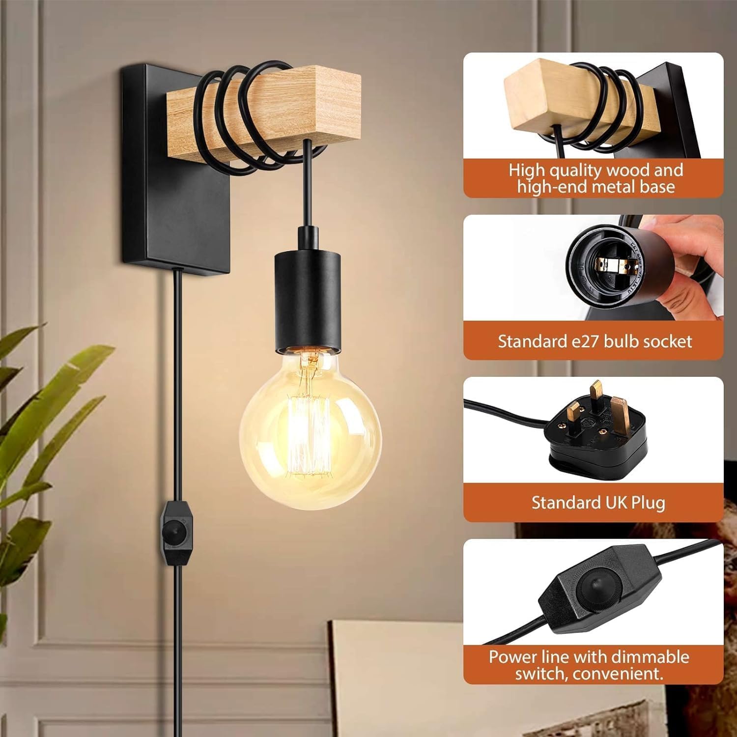 Wall-mounted light fixture with wooden and metal design, featuring a bulb and power cord.