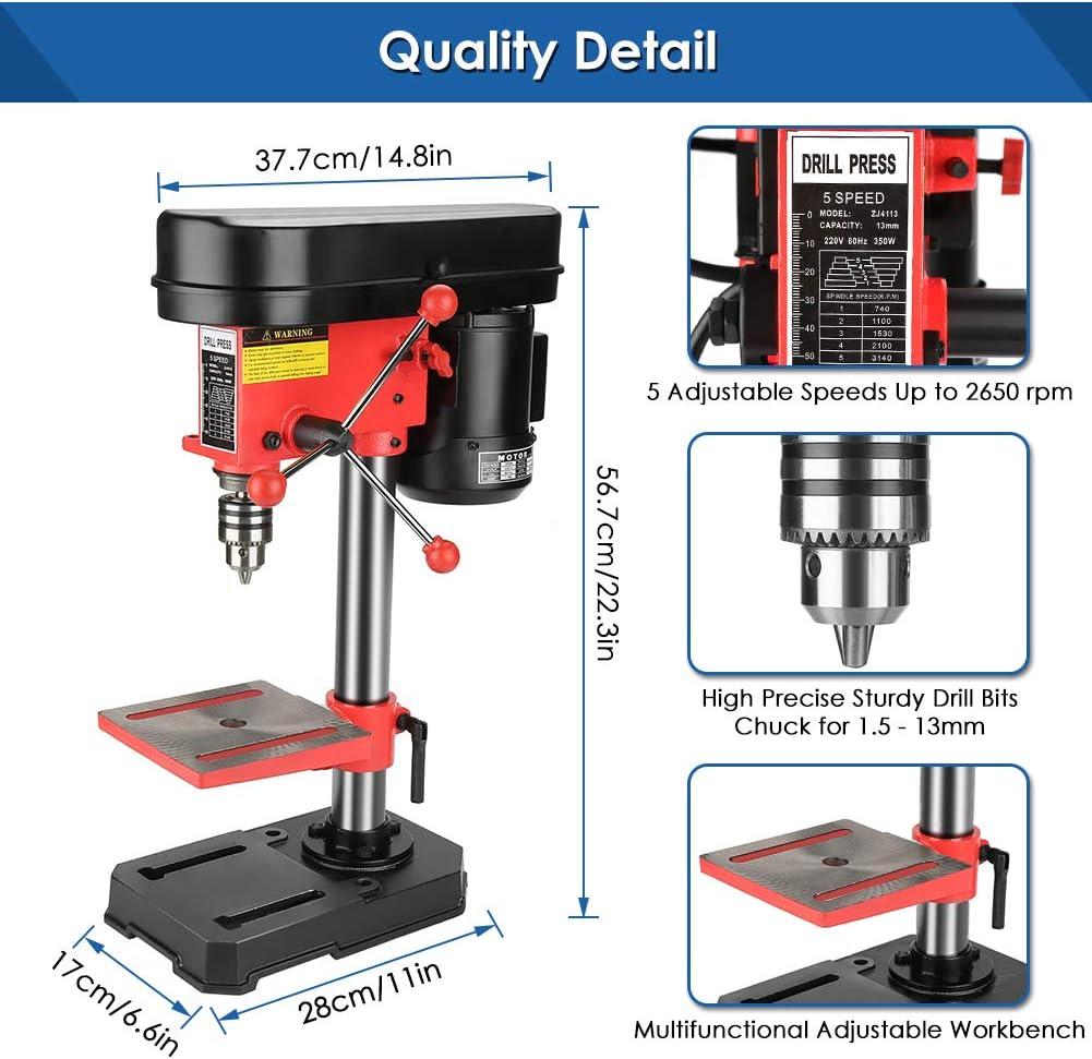 Mini Bench Drill Press 350W  5-Speed Pillar Drill with Cast Iron Base 220V