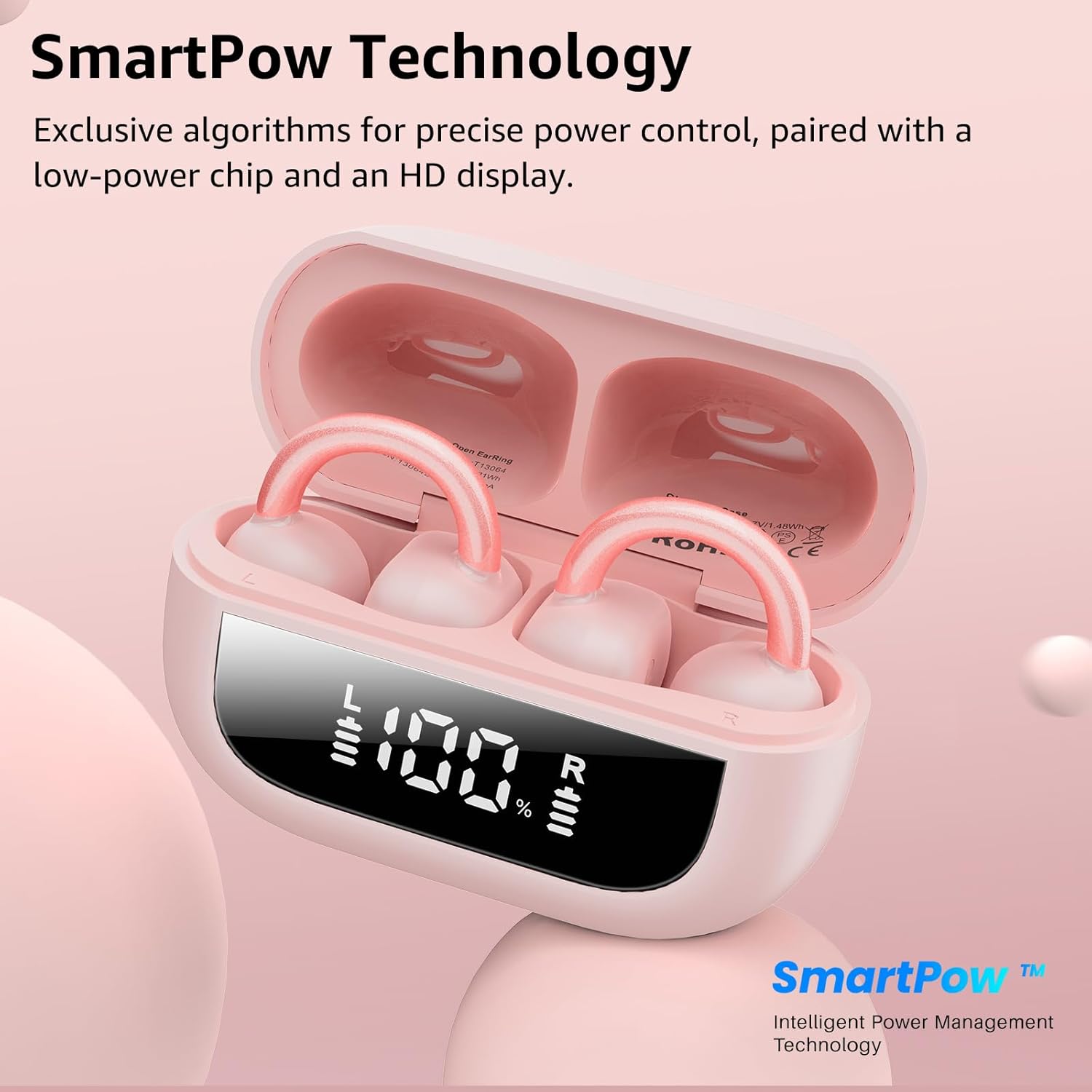 Pink wireless earbuds with charging case on a light pink background, featuring SmartPow Technology text.