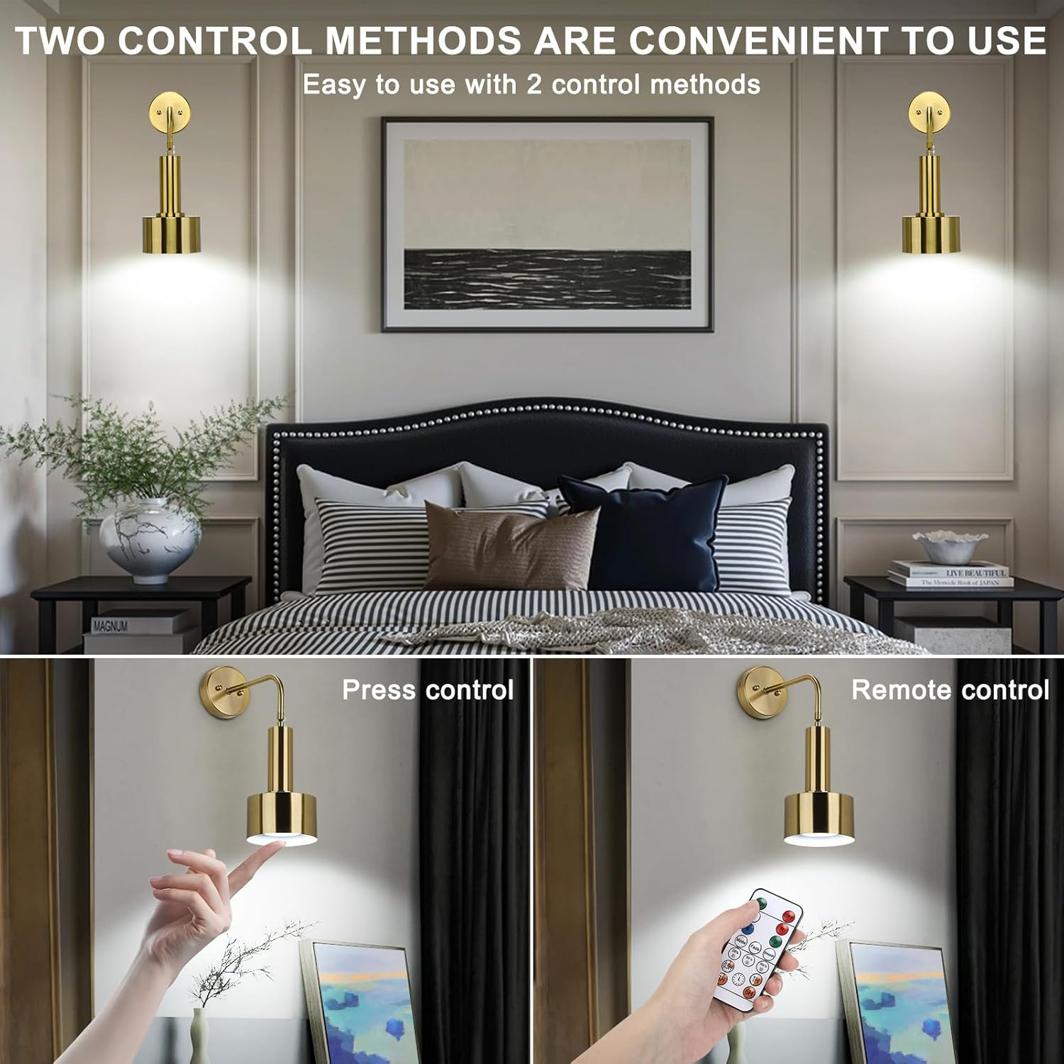 Bedroom scene with wall-mounted lights and control methods displayed.
