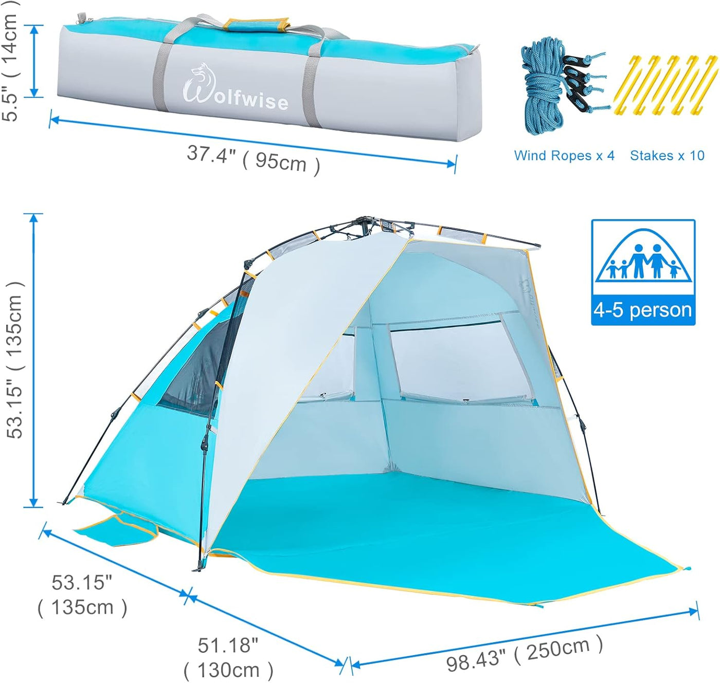 Beach Tent 4-5 Person UPF 50+ Sun Shelter Portable Waterproof WolfWise