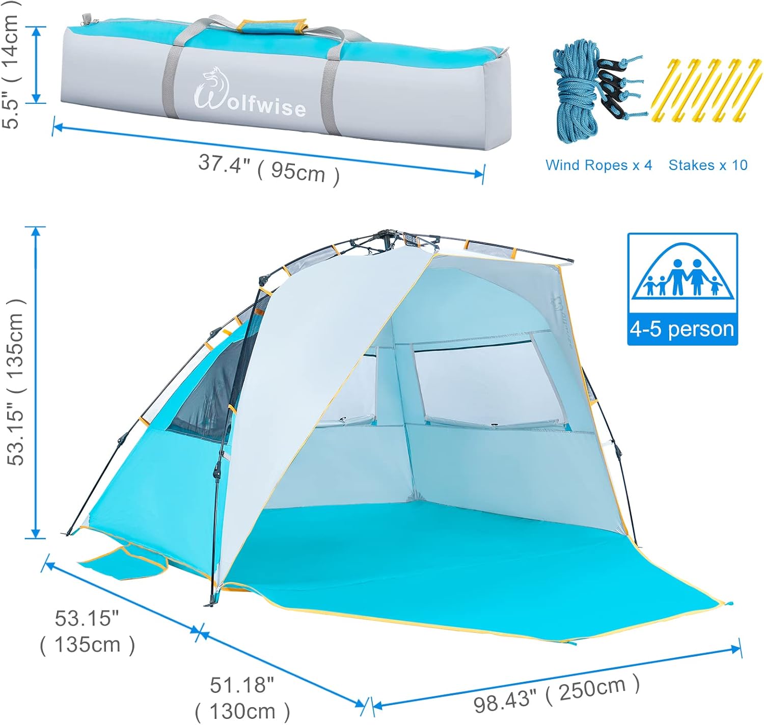 Beach Tent 4-5 Person UPF 50+ Sun Shelter Portable Waterproof WolfWise