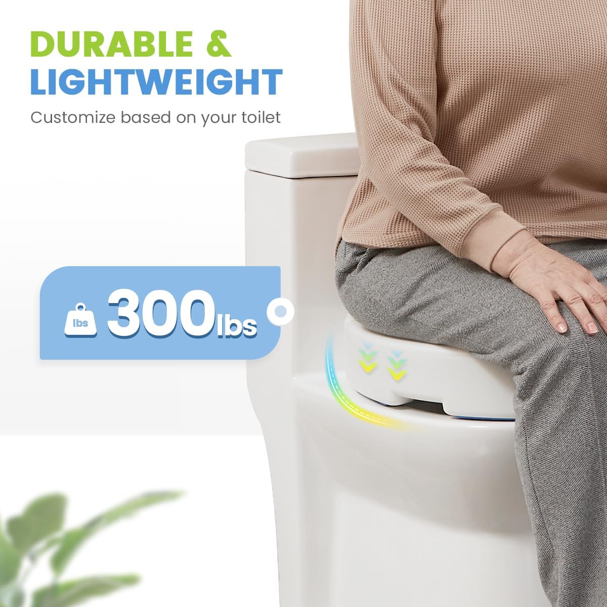 Person using a toilet seat cover with durability and weight capacity information displayed.