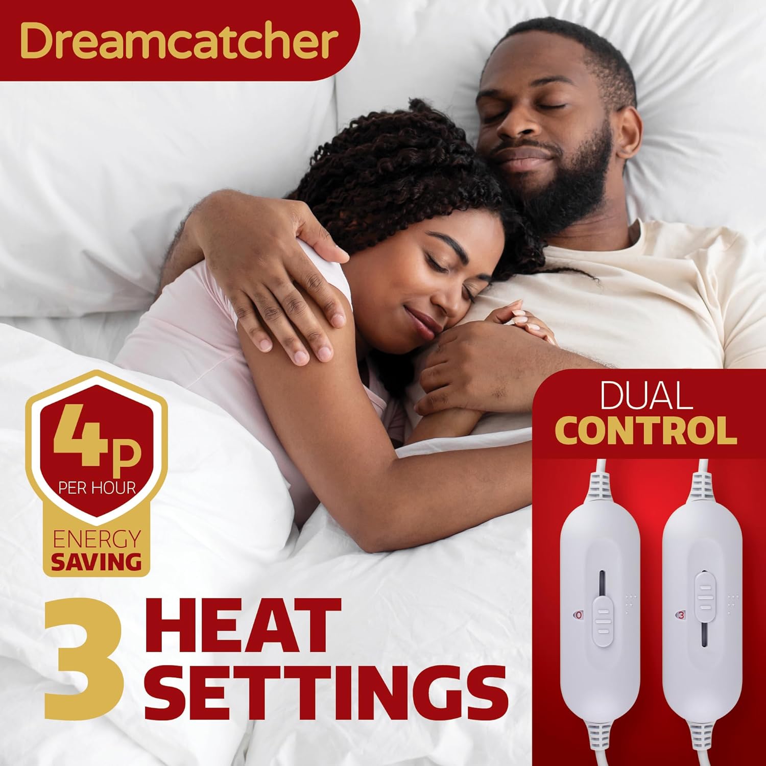 Dreamcatcher electric blanket advertisement with a couple lying in bed, dual control illustration, and energy saving text.