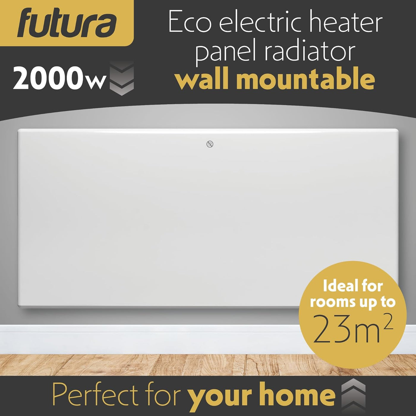 Futura eco electric heater panel radiator with specifications on a gray background