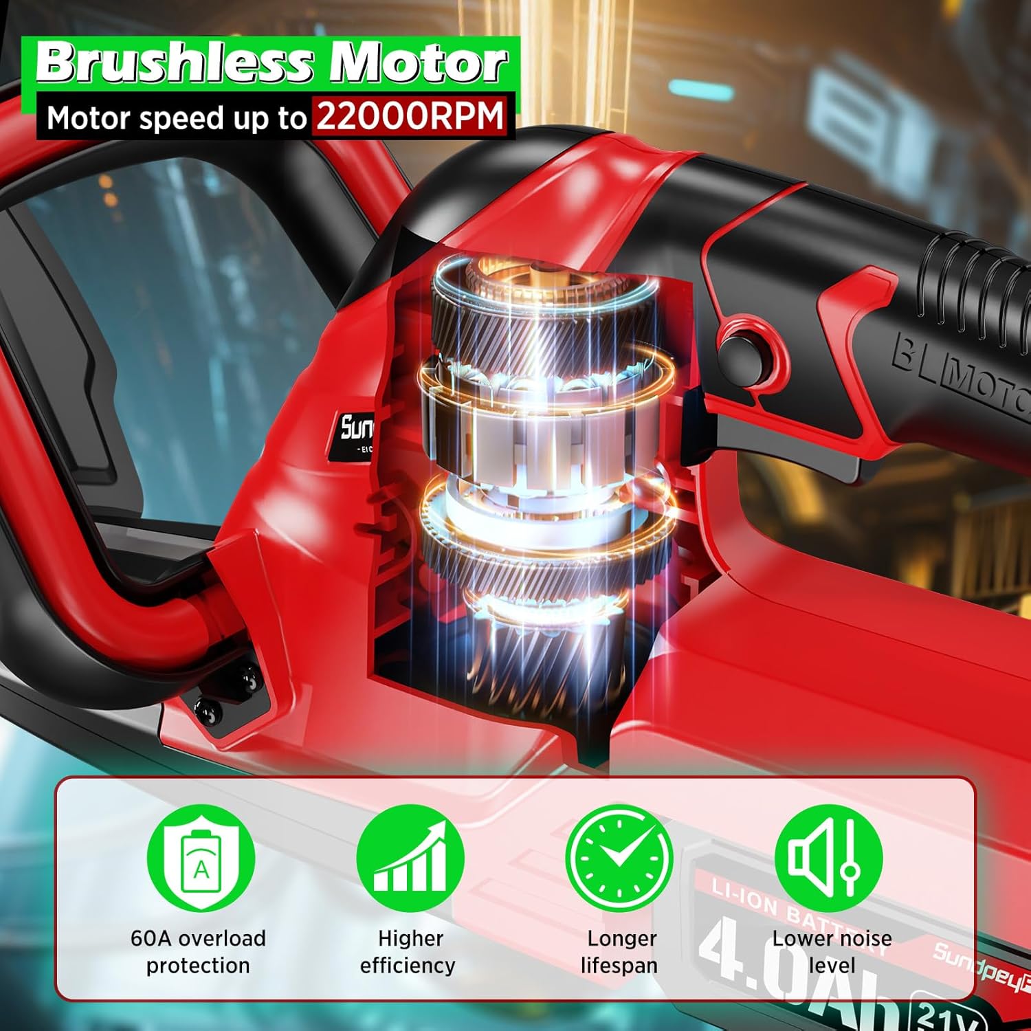 Red power tool with a focus on the brushless motor, highlighting its features and specifications.