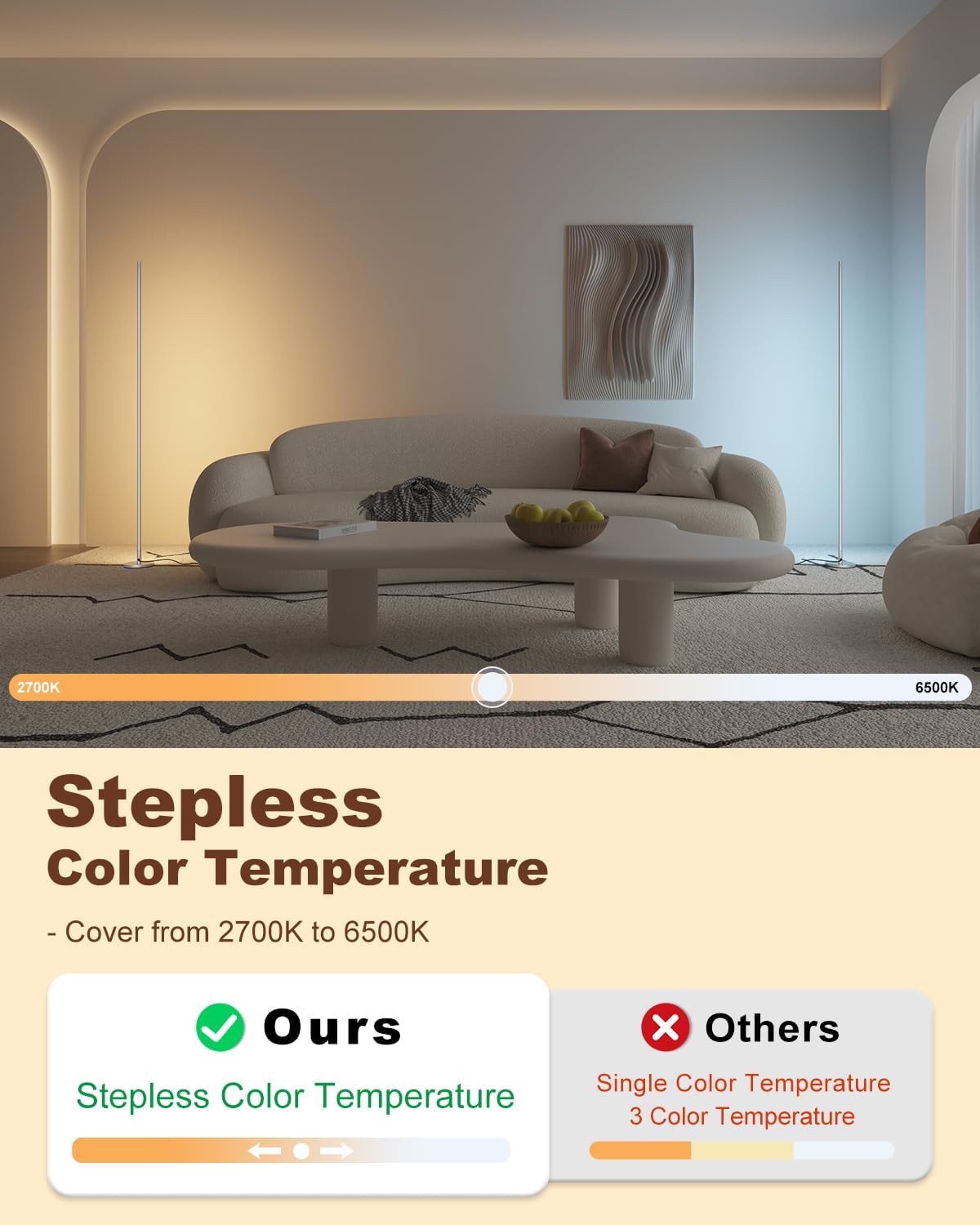 Modern living room with a sofa and coffee table, featuring stepless color temperature technology.