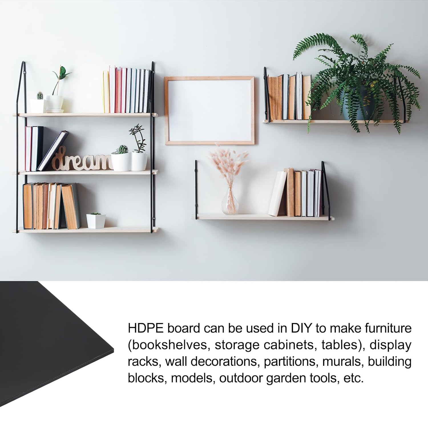 Wall-mounted shelves with books, plants, and decor against a light gray wall.