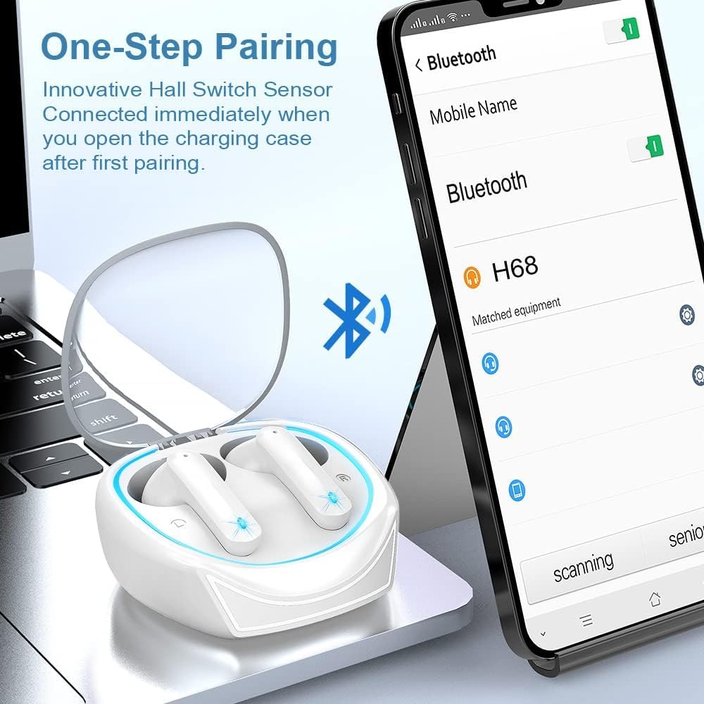 Wireless earbuds in charging case with smartphone showing Bluetooth connection on a laptop