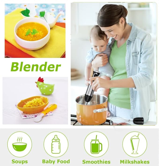 Bonsenkitchen 1000W Hand Blender, 4-in-1 Stick Mixer with Whisk, Chopper & Cup