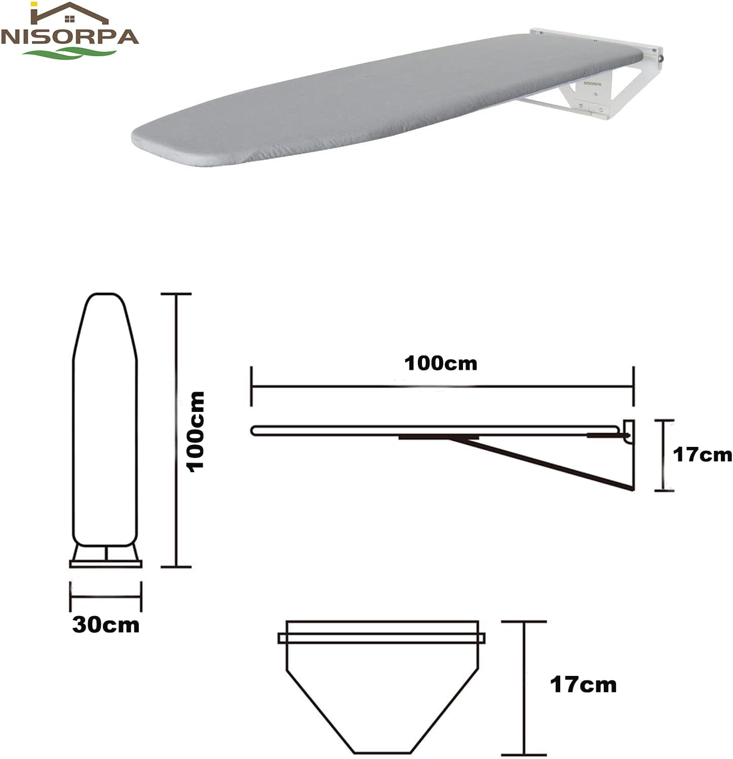 Wall-mounted ironing board with dimensions on a white background