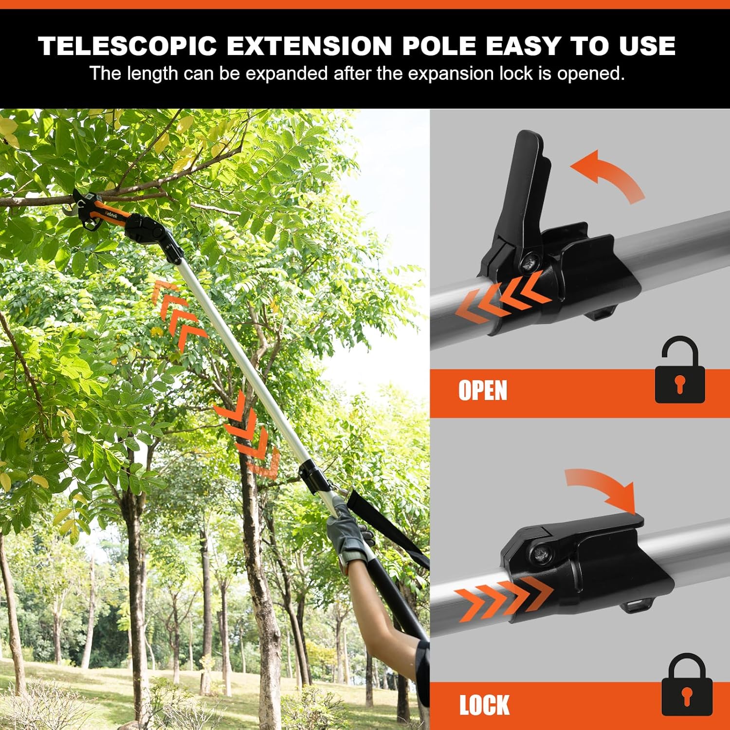 Telescopic extension pole for gardening with lock mechanism illustration