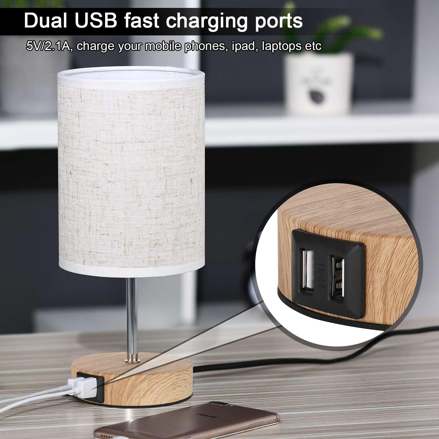 Table lamp with dual USB charging ports on a desk