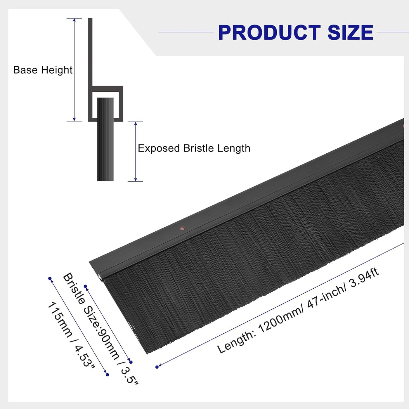 Measurement chart of a brush with labeled dimensions on a white background